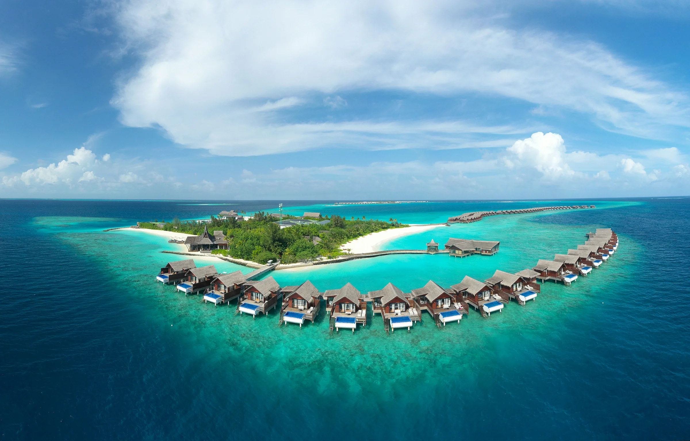 Aerial view of the island and its water villas, Grand Park Kodhipparu