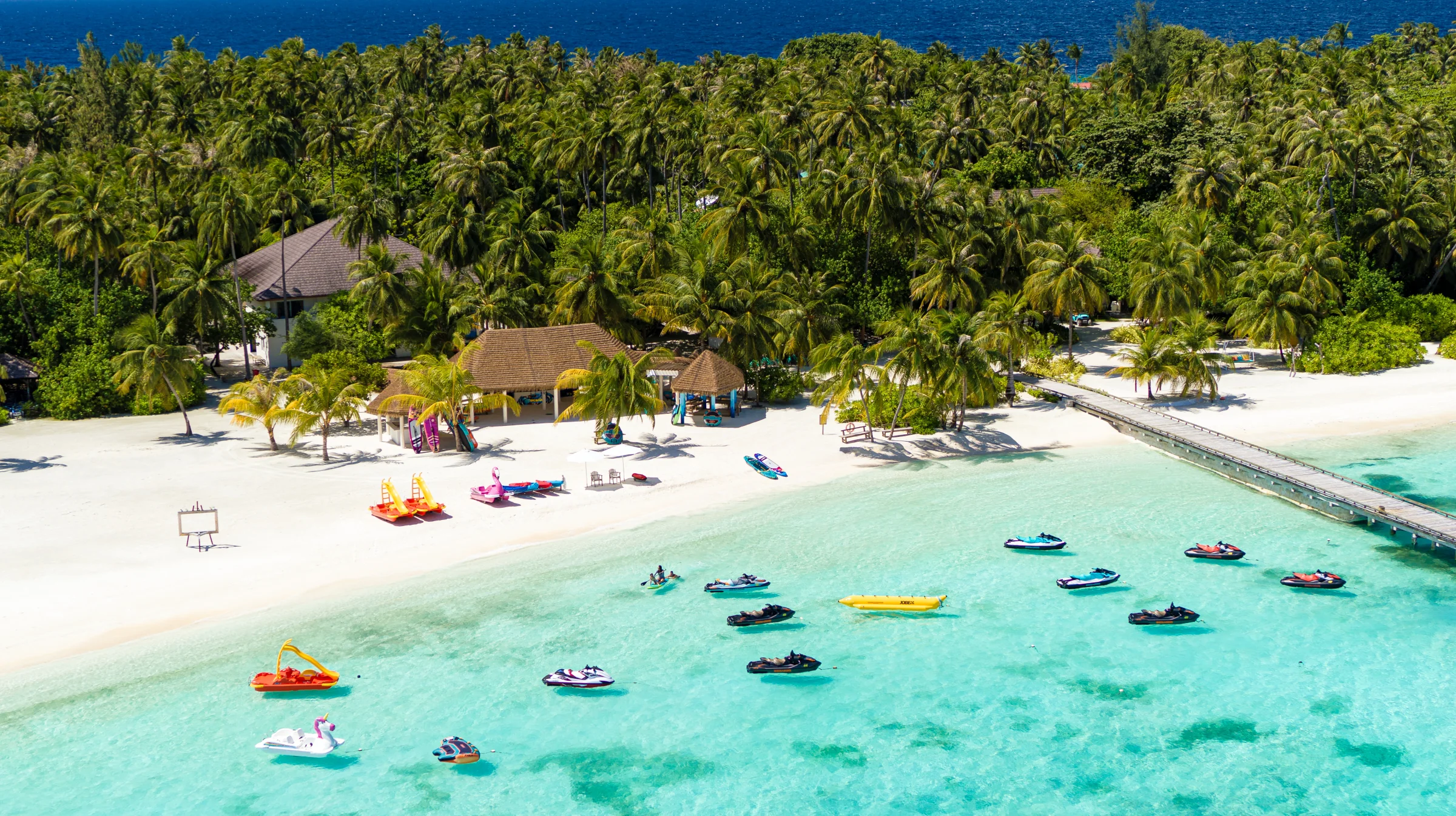 Aerial view of the Oceanix watersports centre and beach, Atmosphere Kanifushi