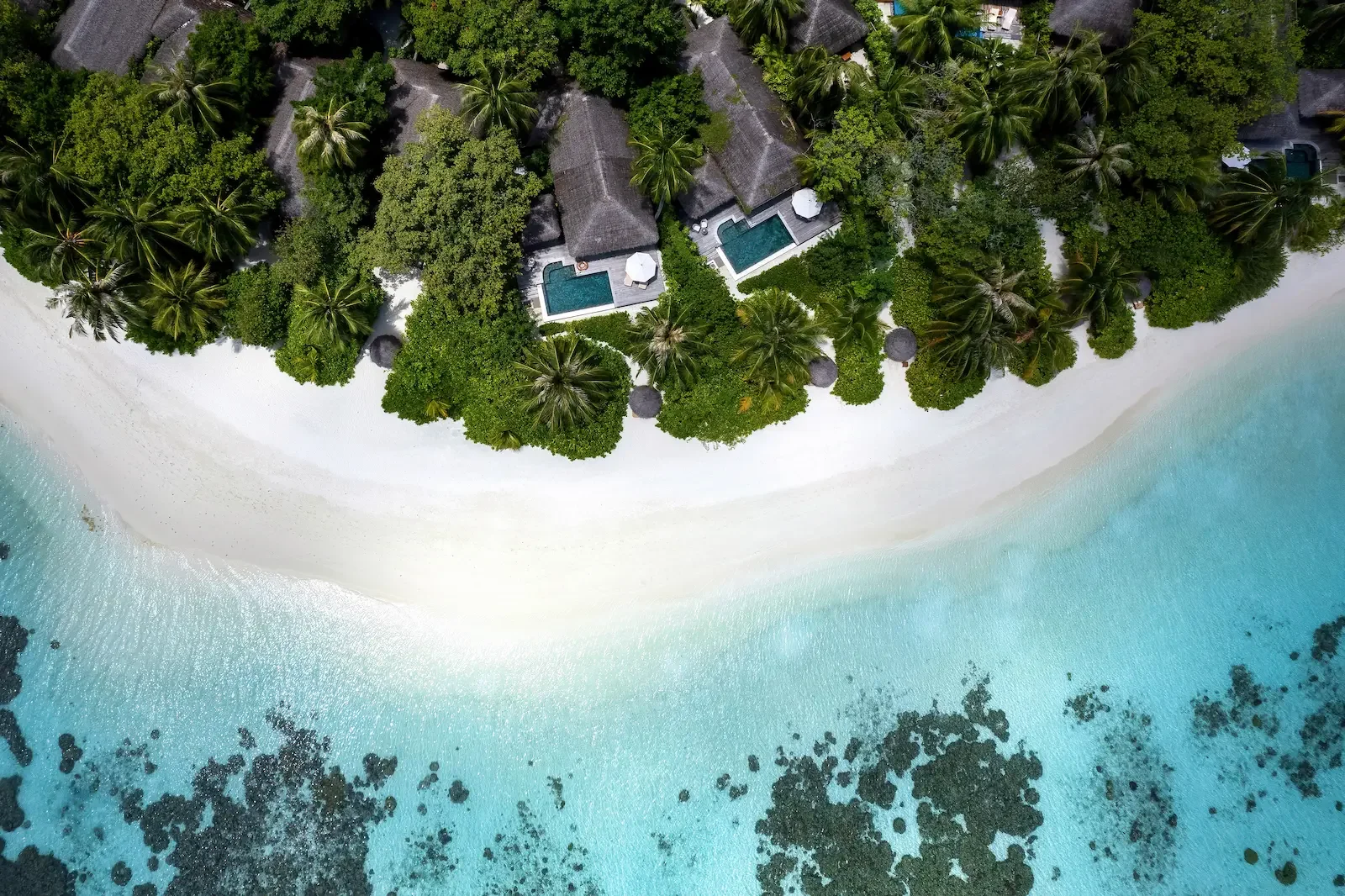 Aerial view of beach villas along the shore, Baros Maldives