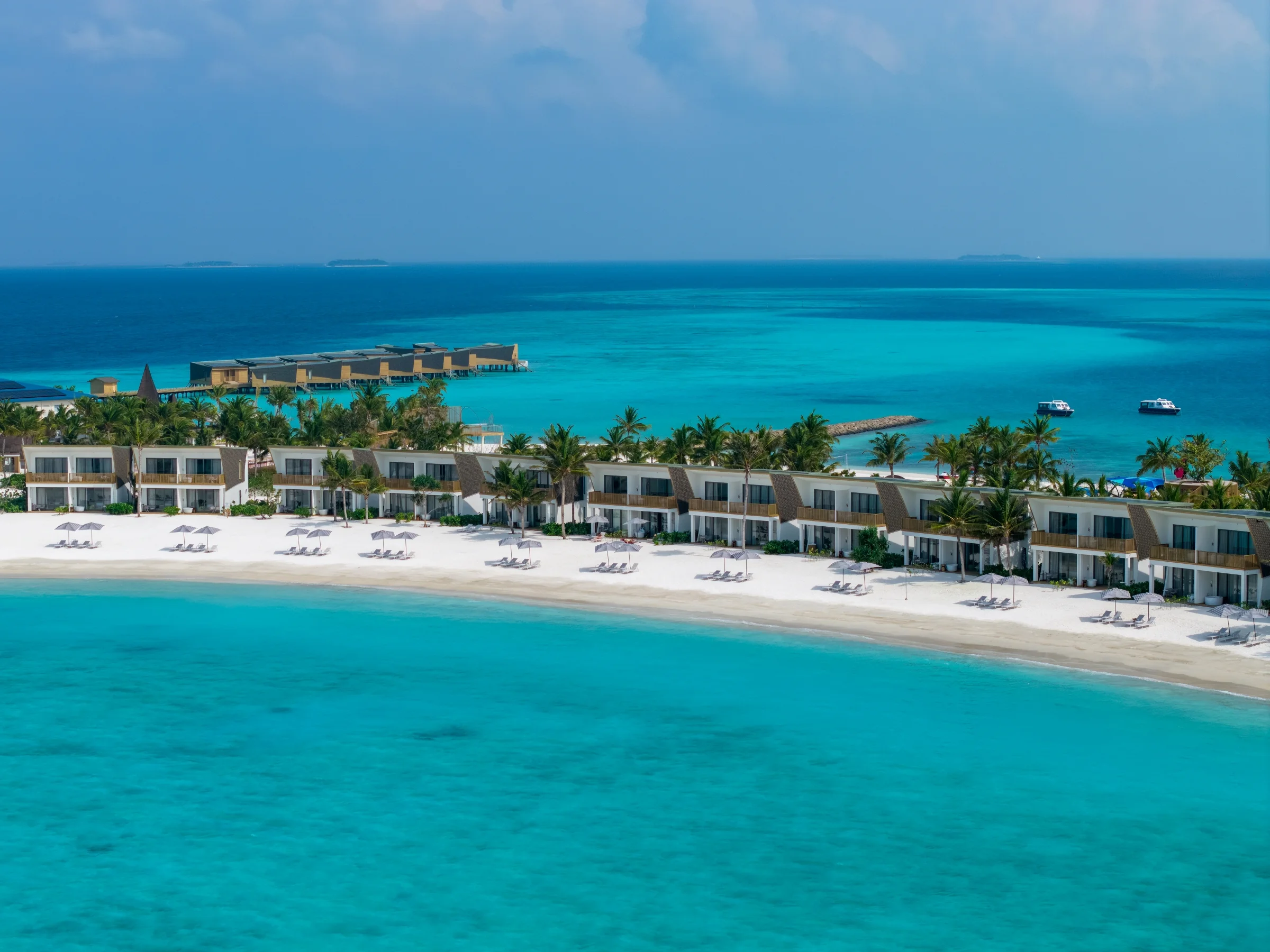 Beach villas and lagoon from above, Centara Mirage Lagoon Maldives