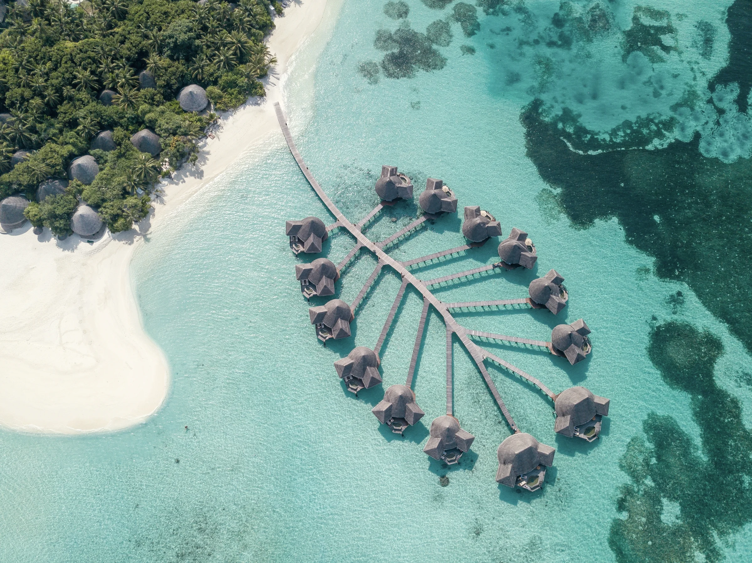 Aerial view of the leaf-shaped overwater villas, Coco Palm Dhuni Kolhu