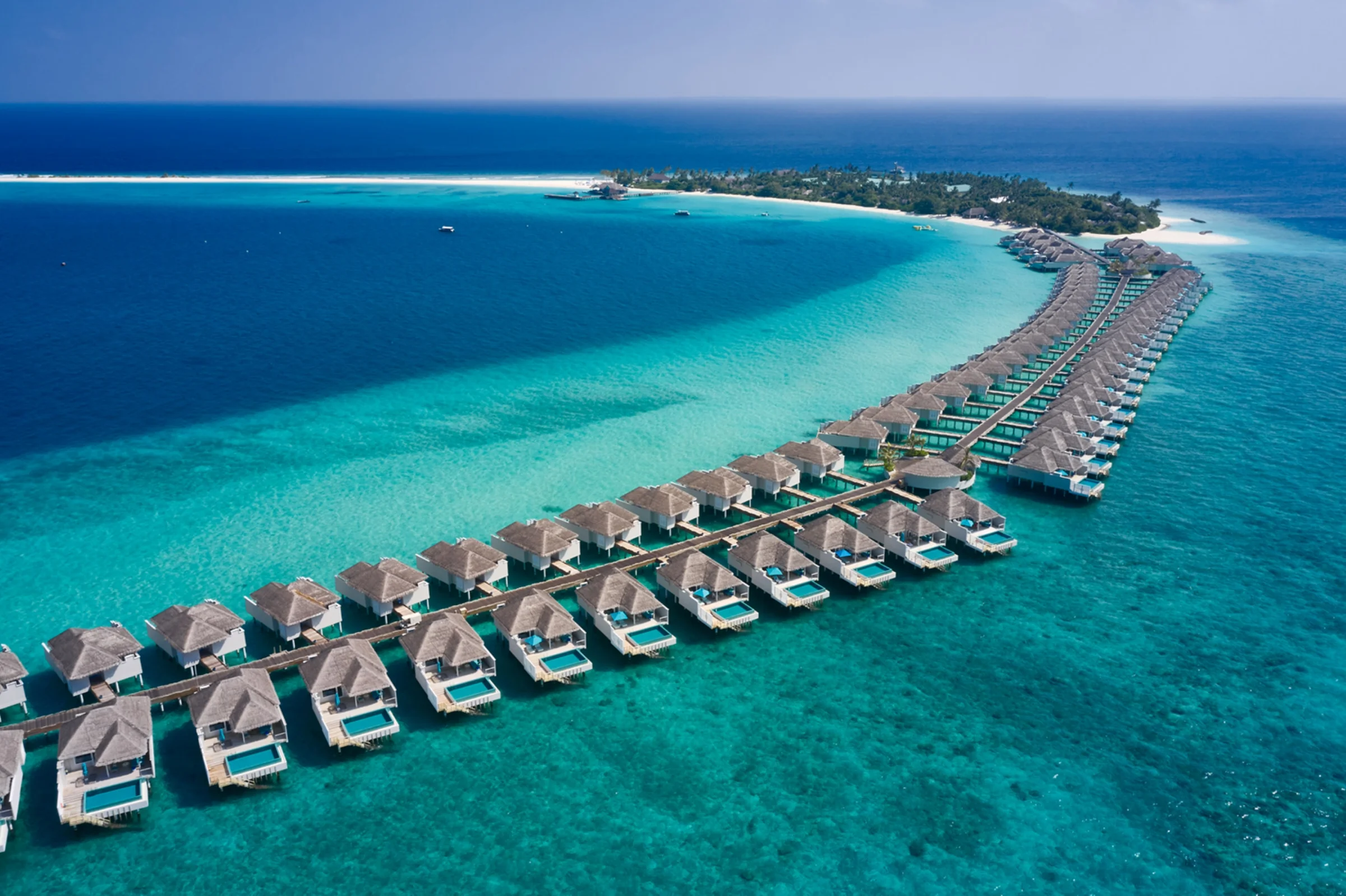 Aerial view of the overwater villas, Finolhu Baa Atoll