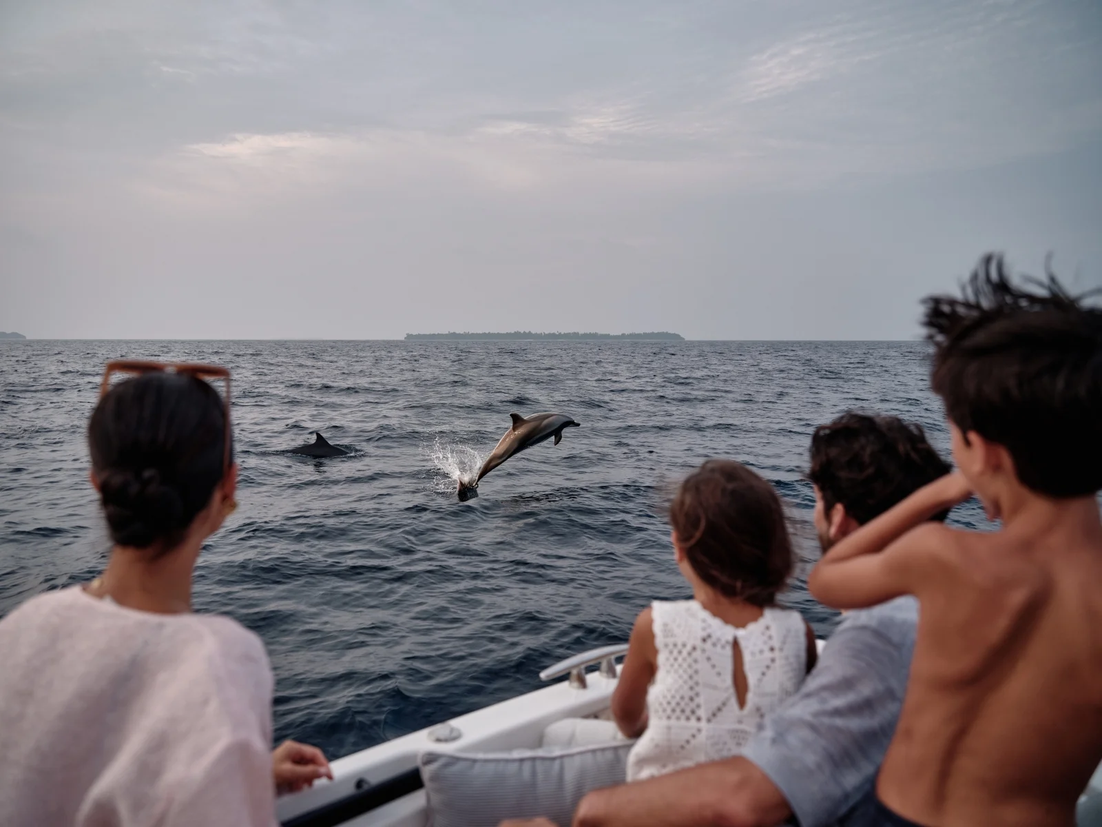 Family watching dolphins from a boat, Finolhu Baa Atoll