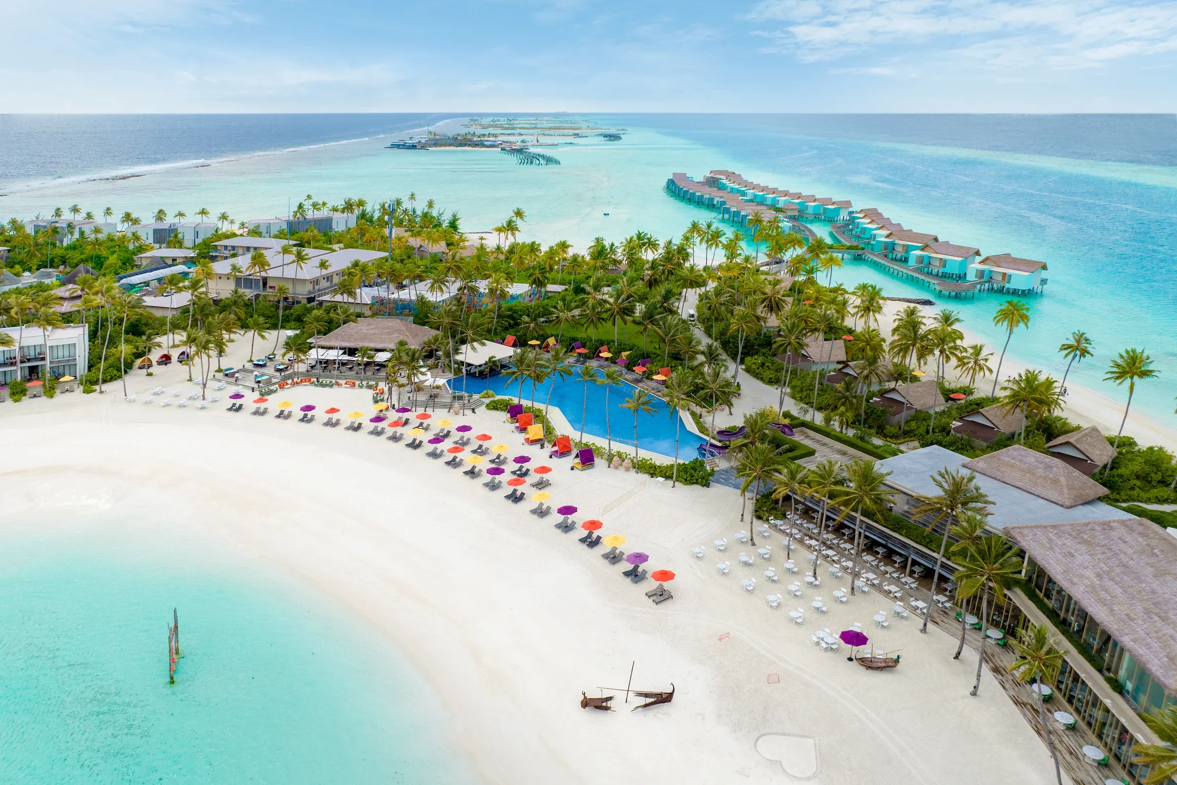 Aerial view of the beach and pool, Hard Rock Hotel Maldives
