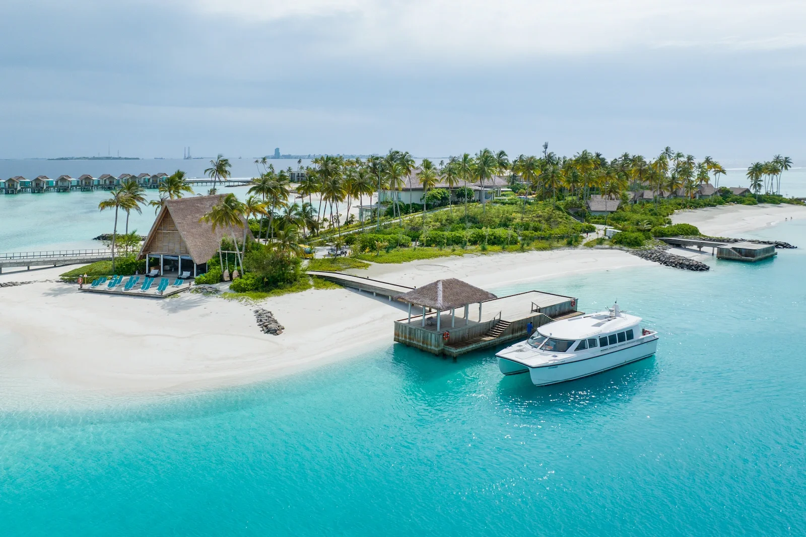 Aerial view of the jetty and speedboat, Hard Rock Hotel Maldives
