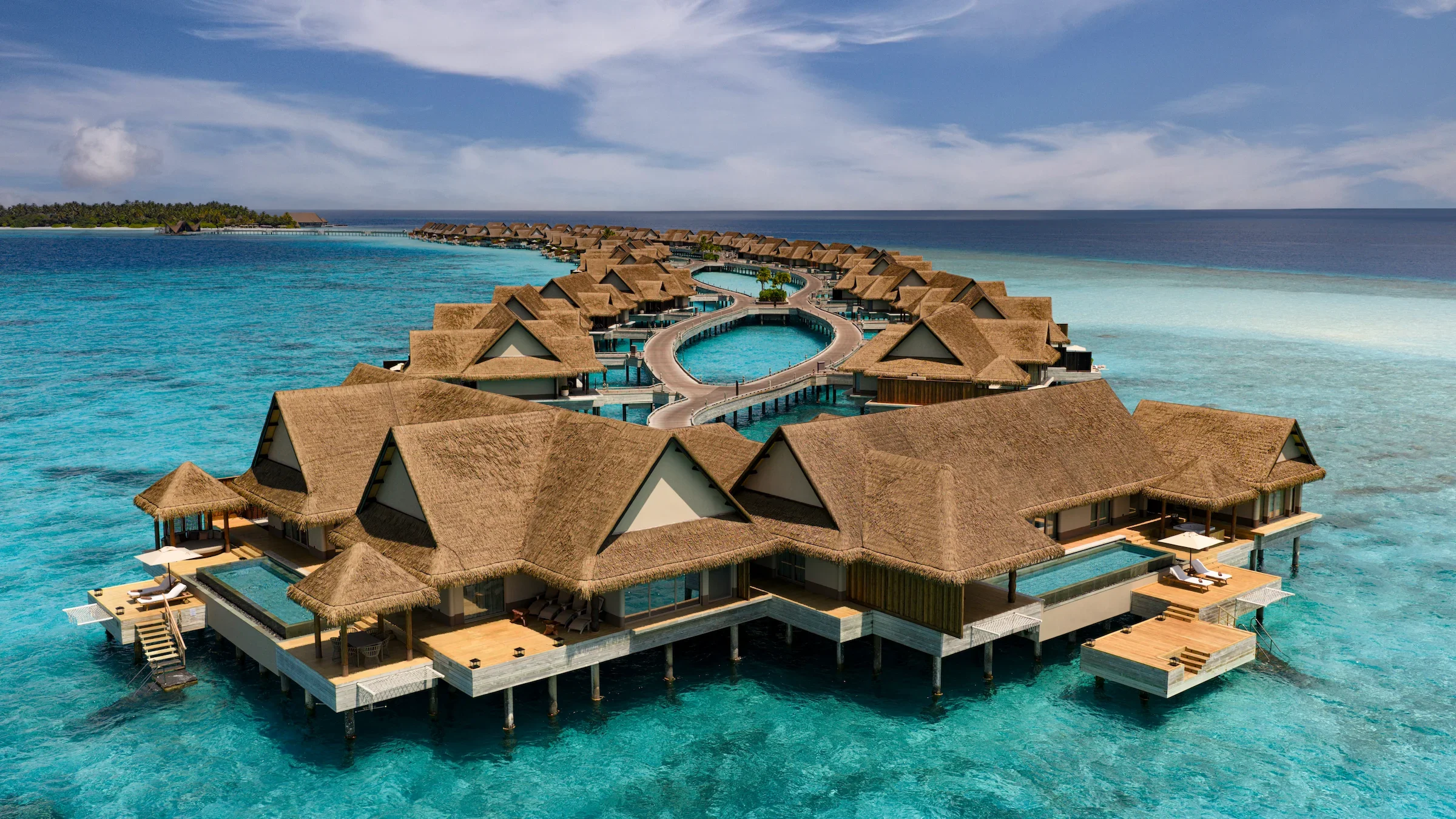 Aerial view of the overwater villas, Joali Maldives
