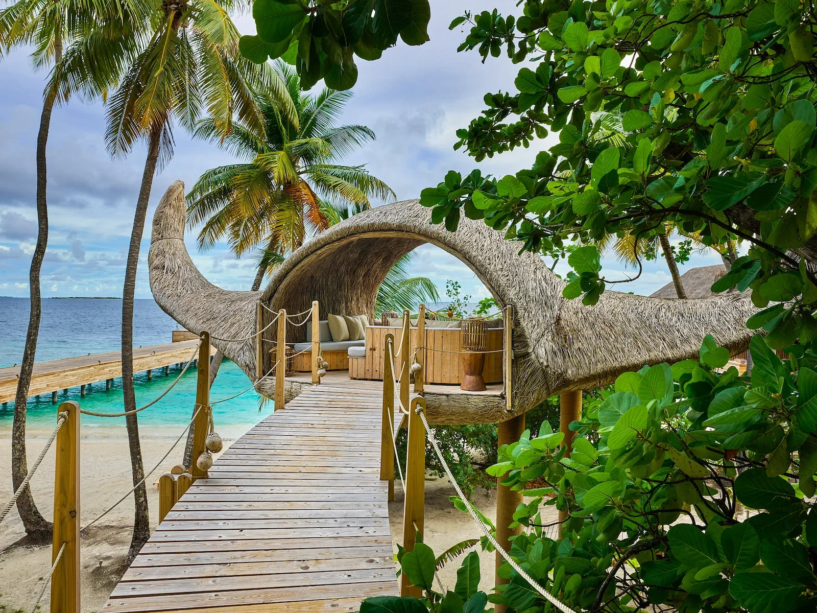 Sculpted wooden walkway through the palms, Joali Maldives