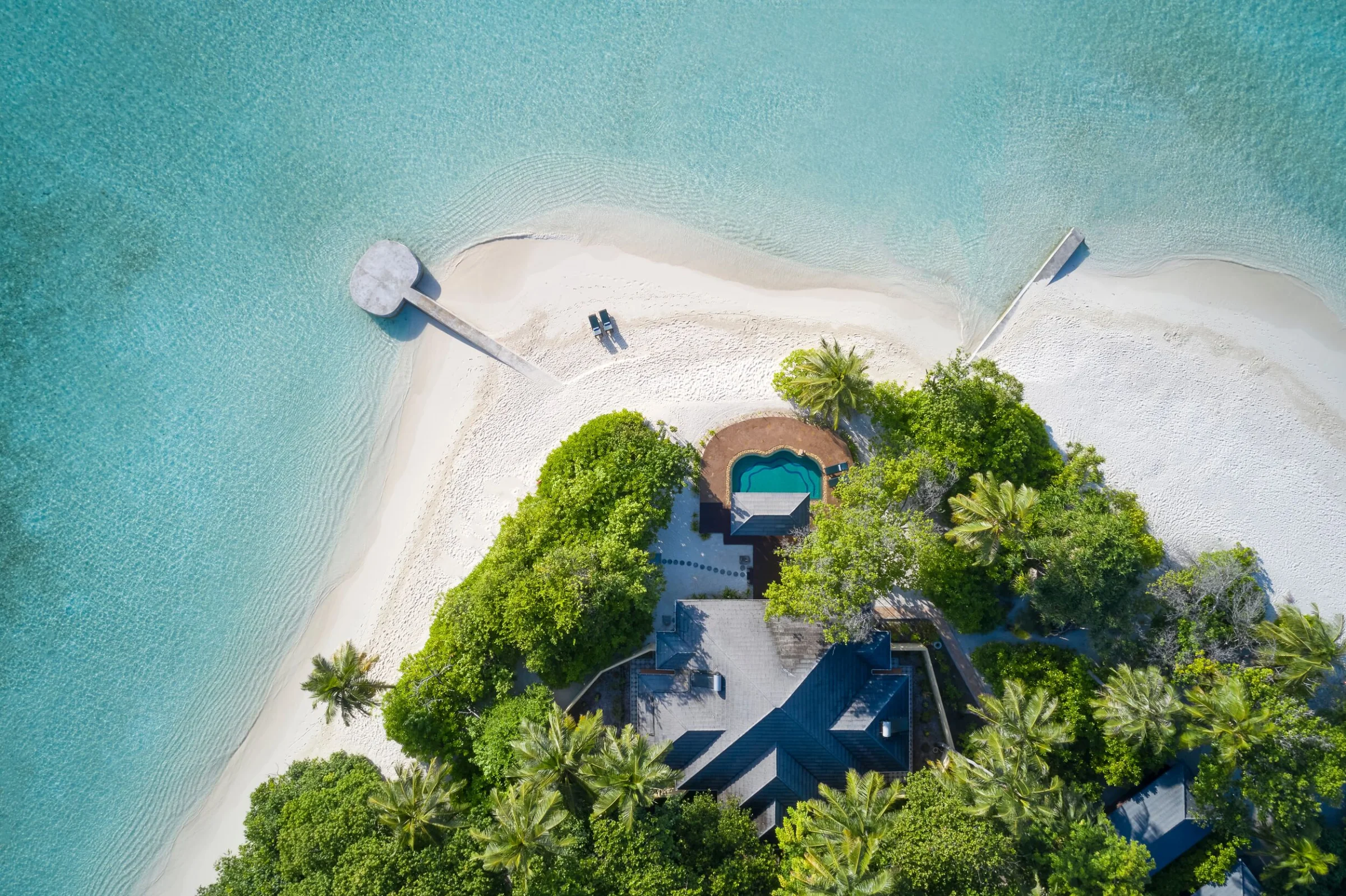 Aerial view of a beach villa and white sand, Royal Island Resort and Spa Maldives