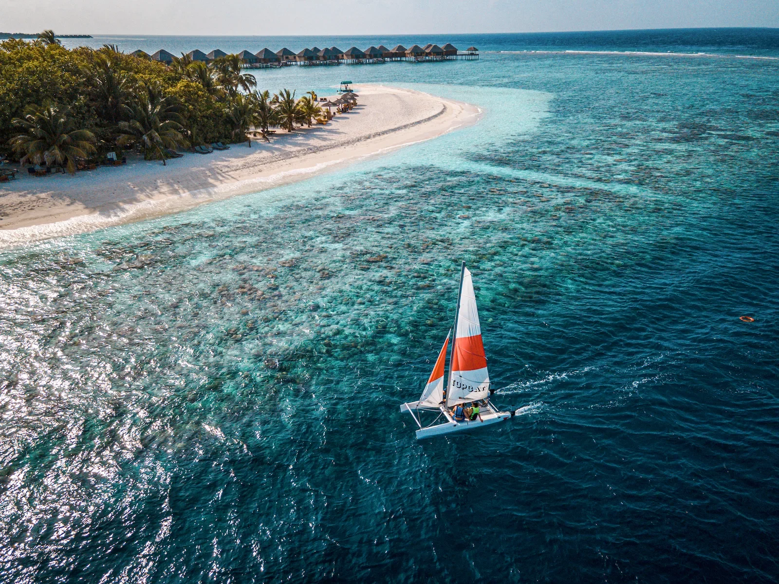 Sailing a catamaran in the lagoon, Adaaran Prestige Vadoo