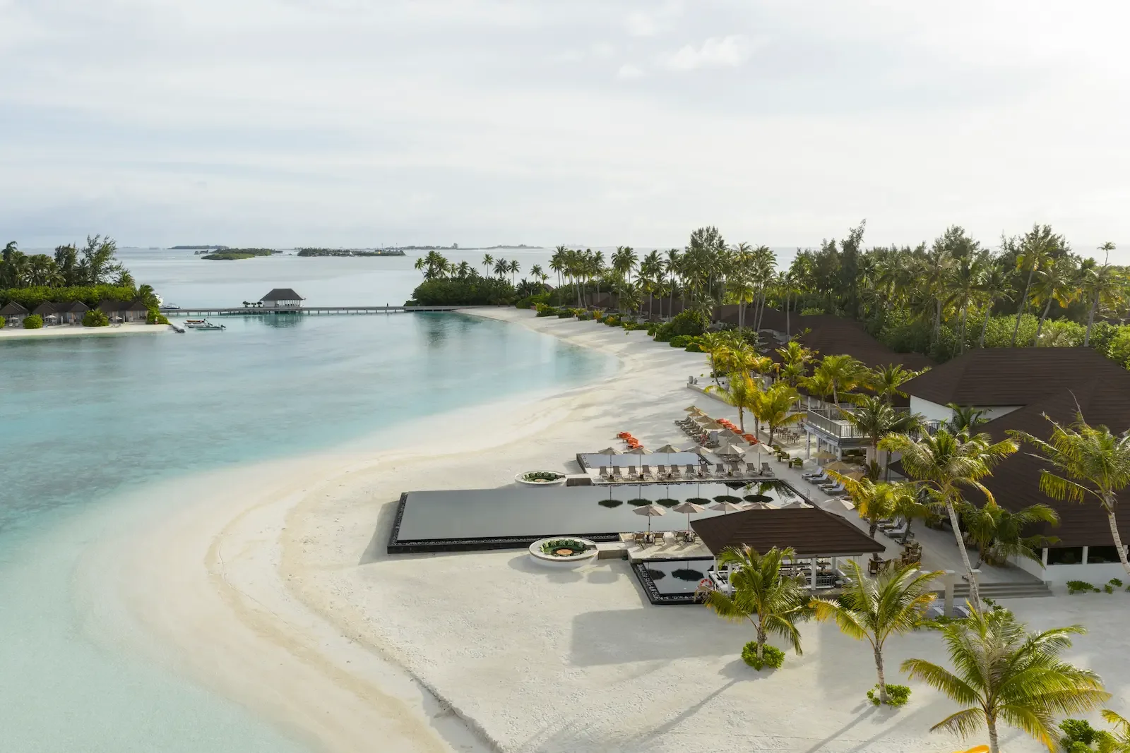 Aerial view of the pool and beach, Sun Siyam Olhuveli