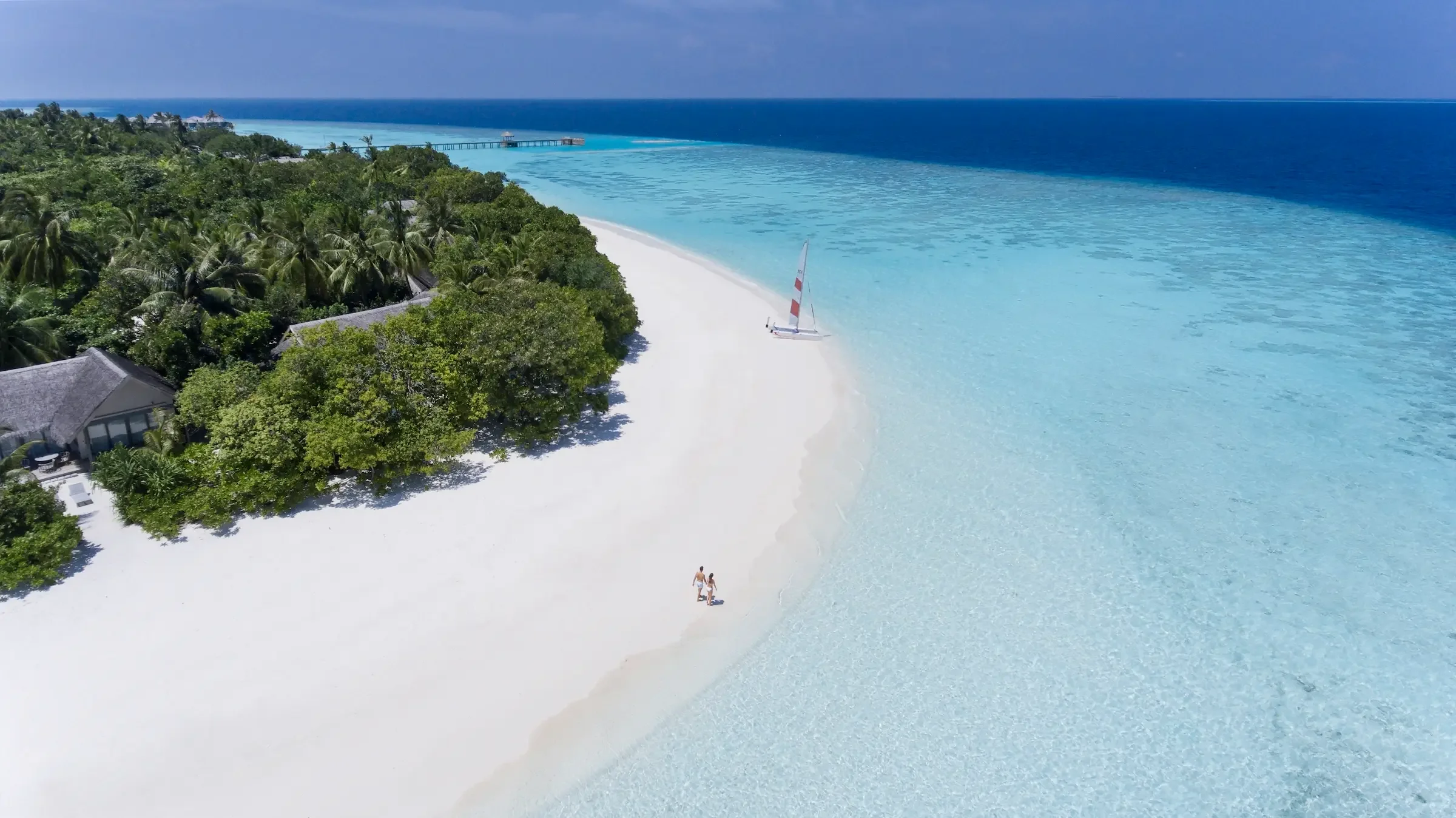 Aerial view of the beach and turquoise lagoon, Vakkaru Maldives
