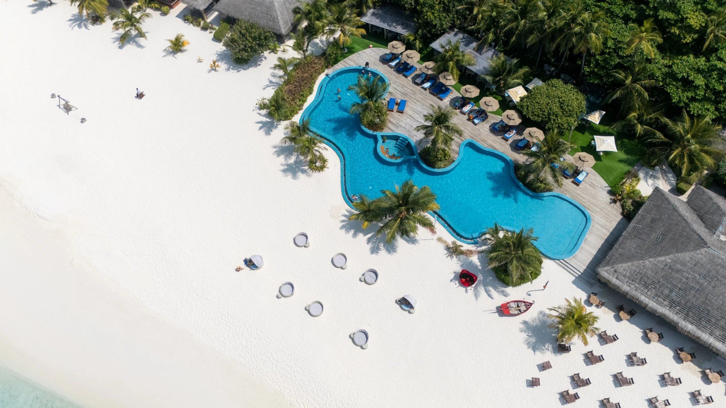 Main pool and beach from above, You&Me by Cocoon